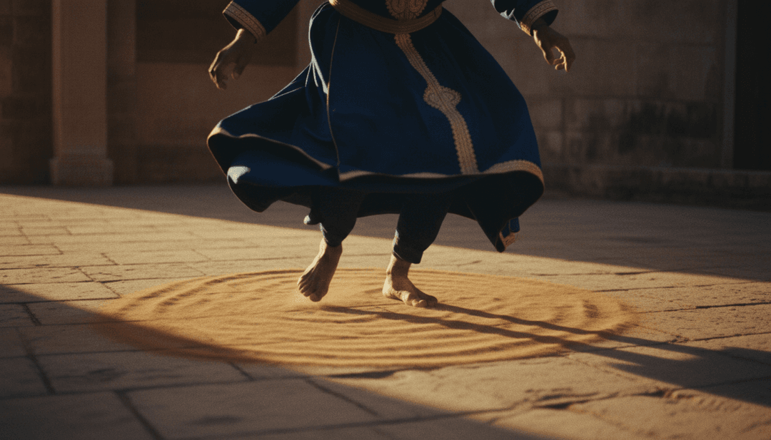 Imágenes abstractas de derviches girando y dunas de arena que se transforman al ritmo de la música Gnawa, representando el viaje espiritual.