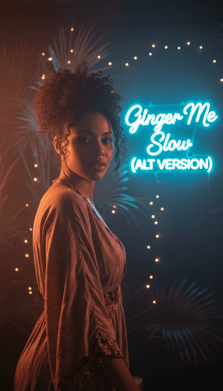 一张充满活力的AI生成概念图,展示了盘旋的Afrobeats节奏和流行旋律交织在一起,为'Ginger Me Slow'音乐视频奠定了视觉基础。