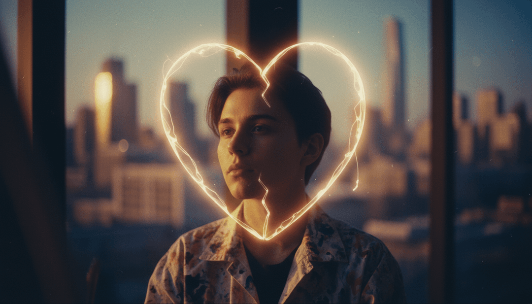 Análisis de IA de la forma de onda de una pista de hip-hop lo-fi, mostrando interpretación emocional y motivo abstracto de corazón de cristal.