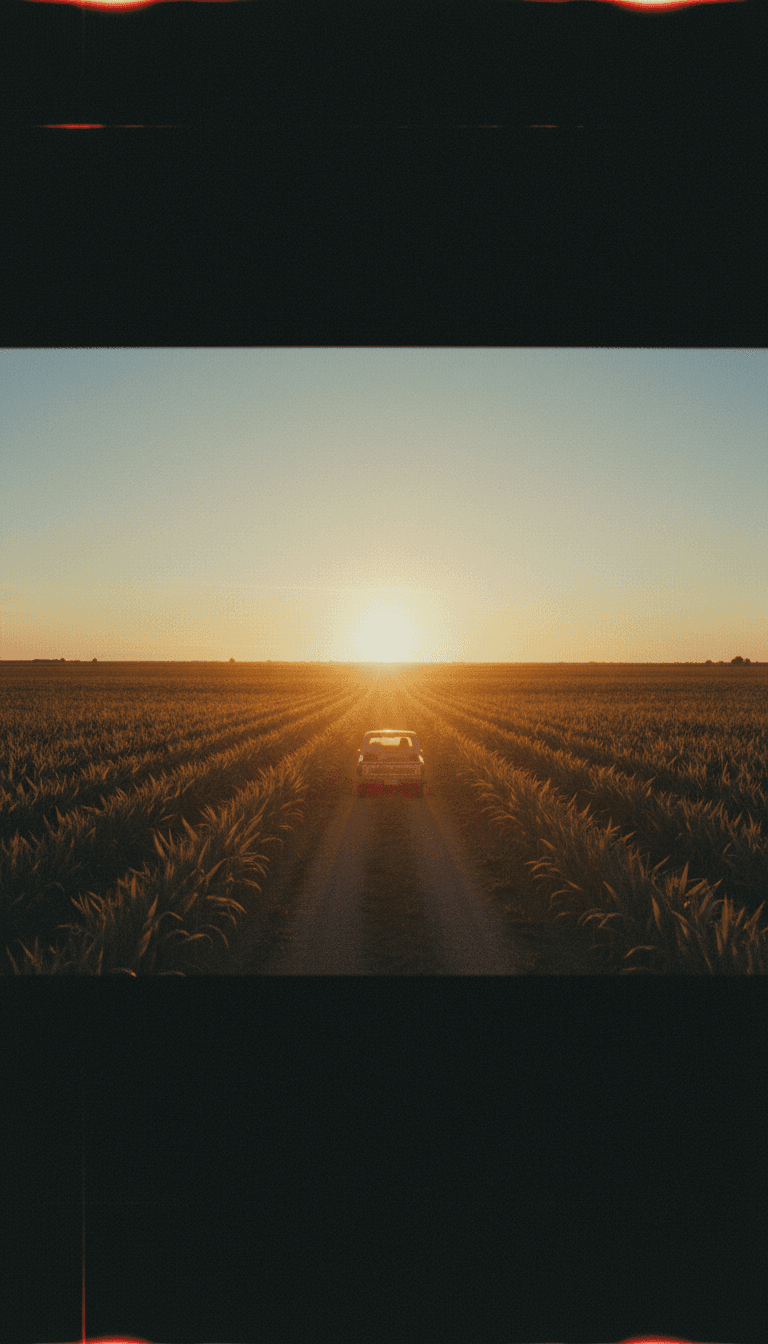 AI 音乐视频生成器创作的动态乡村生活场景,包括奔腾的骏马、尘土飞扬的道路以及一个孤独的身影在观看日落。