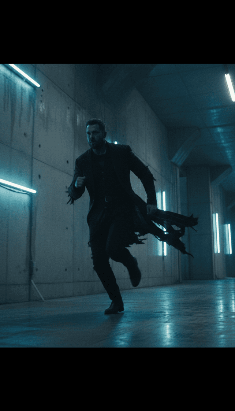 Escenas dinámicas de una figura solitaria junto a un río sinuoso bajo un cielo tormentoso, intercaladas con primeros planos de guitarras y baterías, generadas por IA a partir de 'River of Sad Boys.mp3' con letras incrustadas.