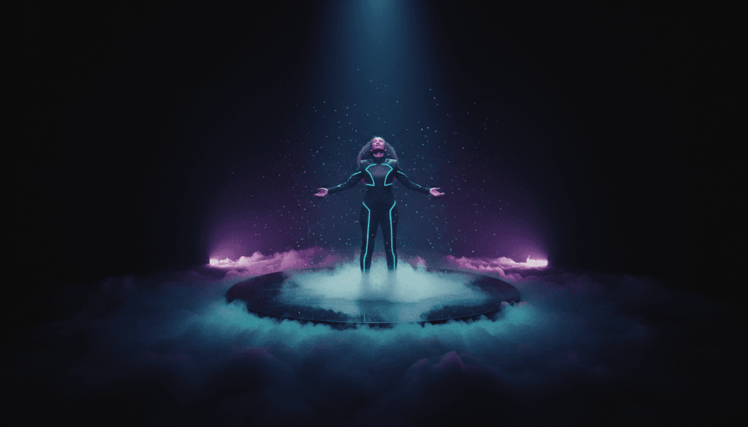 动态可视化器将 'trance atmos ( Vocal Hooks) 2.mp3' 的抽象声音模式转化为闪烁的液态光和不断演变的几何形状,一个人类剪影呼应着人声挂钩。