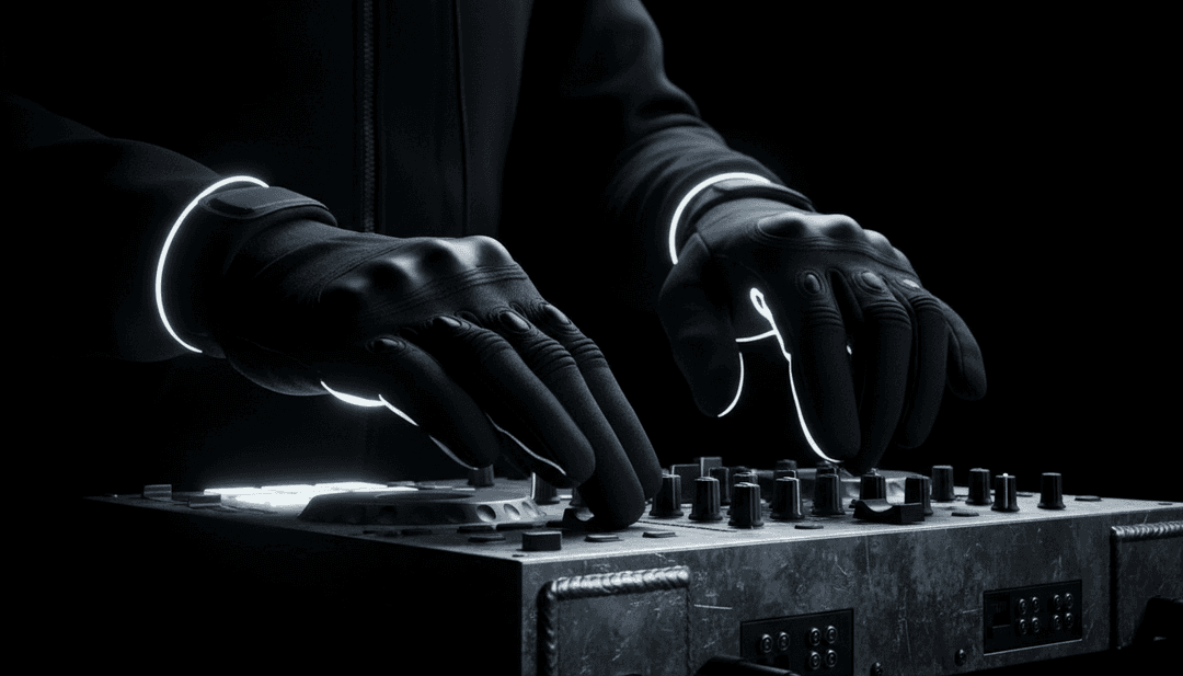 概念艺术作品,描绘 AI 分析 'Xmas Guitar DnB' 的音频波形,发光的合成器模式和动态陷阱节拍以视觉形式呈现。