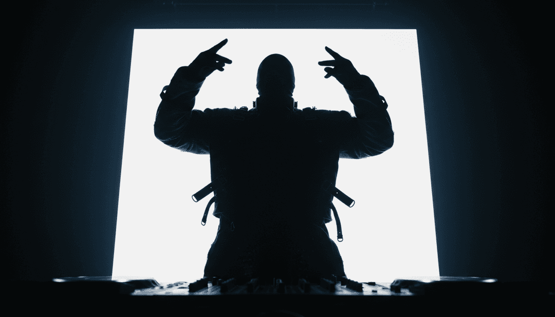 动态动画显示虚拟吉他指板发出数字光迹,融入雪景城市景观,并用故障艺术表现 DnB 低音和陷阱小军鼓。