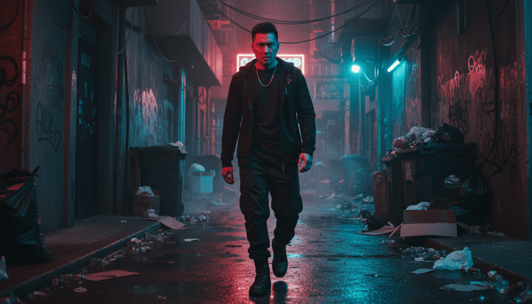 Metraje dinámico de video musical mostrando a itszoebolden interpretando 'Crimson Shadows' contra paisajes urbanos cambiantes, iluminados con neón y patrones geométricos abstractos, reflejando el sonido electropop.