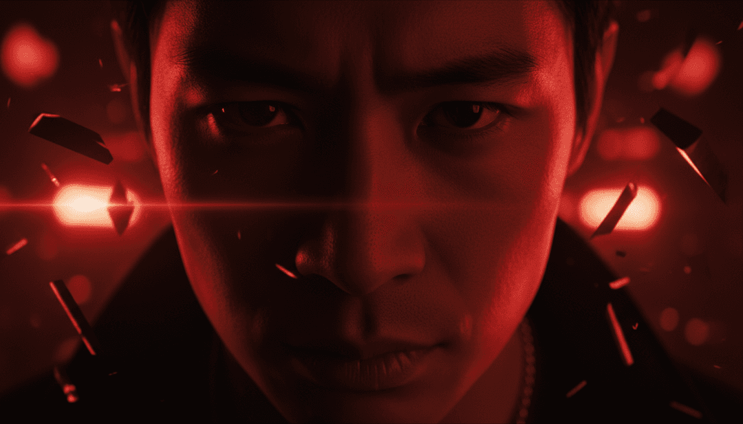 Impresionante escena final del video musical generado por IA de 'Crimson Shadows', con iluminación dramática, la silueta de itszoebolden y subtítulos gratuitos elegantes, que encarna un producto terminado de alta calidad.