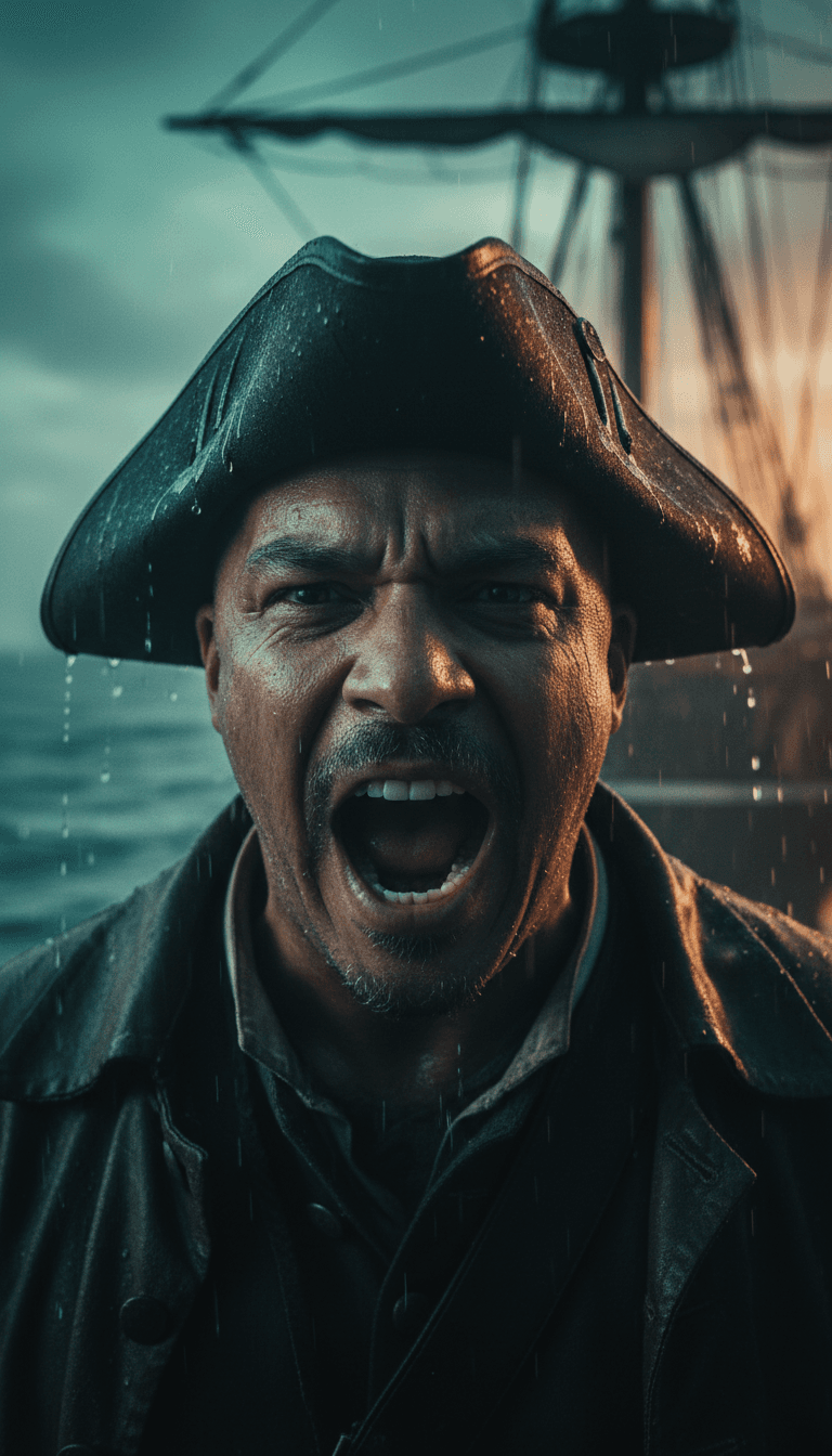 帆船、拍岸海浪和宝藏地图随着'Skull and Bones'的节奏动态呈现的视觉效果。