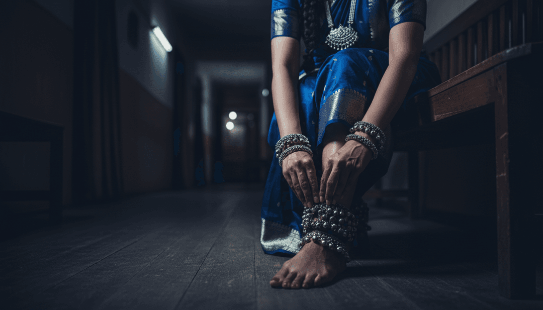 AIがインドの民族舞踊を電子要素と解釈し、足首の鈴が伝統的なメロディーに合わせて鳴る様子