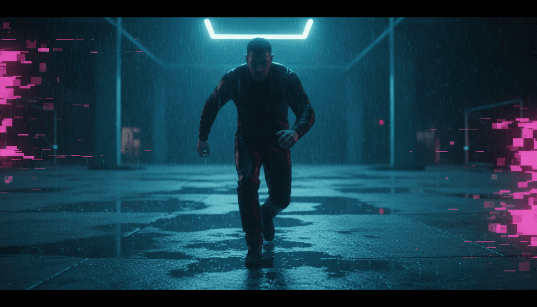 Mahraganat 舞者在未来感十足的 Trap 场景中充满活力的视觉效果,动画声波变形为几何图案。