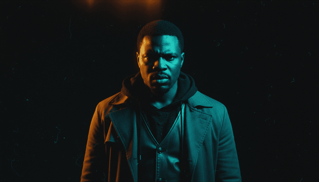 KI analysiert Schallwellen und Liedtexte von De La Soul und Nas's 'Run It Back!!' in einer lebendigen, futuristischen Studioumgebung und formt ein visuelles Konzept.