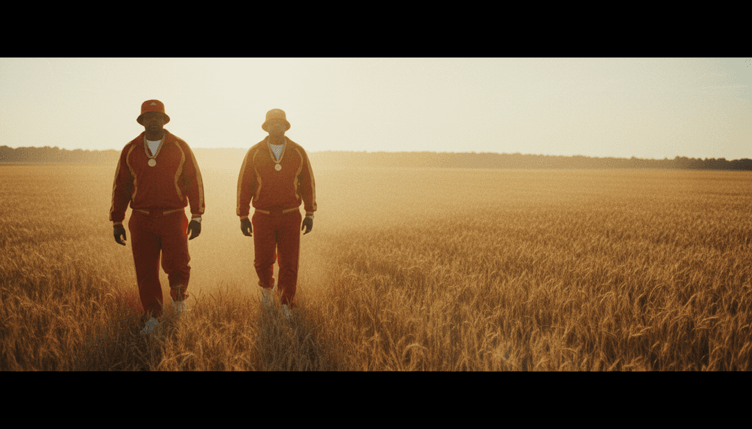 Dynamische Szenen aus einem Hip-Hop-Musikvideo, mit Stadtlandschaften, historischen Referenzen und abstrakten visuellen Metaphern, generiert von KI aus 'Run It Back!!'.