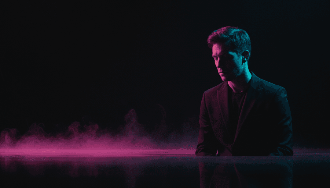 Konzeptionelles Bild einer schwebenden Landschaft mit subtilen elektronischen Glühen, das die Ambient- und meditative Natur von Andrew Aged's 'Heights'-Musik darstellt.