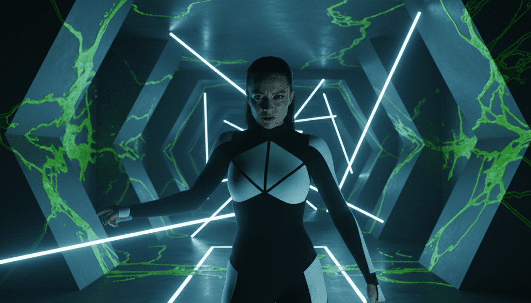 Imagen conceptual de algoritmos de IA procesando los ritmos pulsantes y las voces etéreas de LOSE YOUR HEAD de Kelly Lee Owens, generando conceptos visuales iniciales.