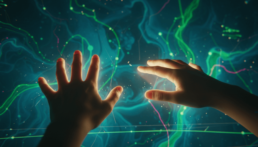 Visuales dinámicos que representan ondas sonoras brillantes transformándose en intrincados patrones geométricos y partículas de luz fluidas, perfectamente sincronizadas con el ritmo evolutivo de LOSE YOUR HEAD.