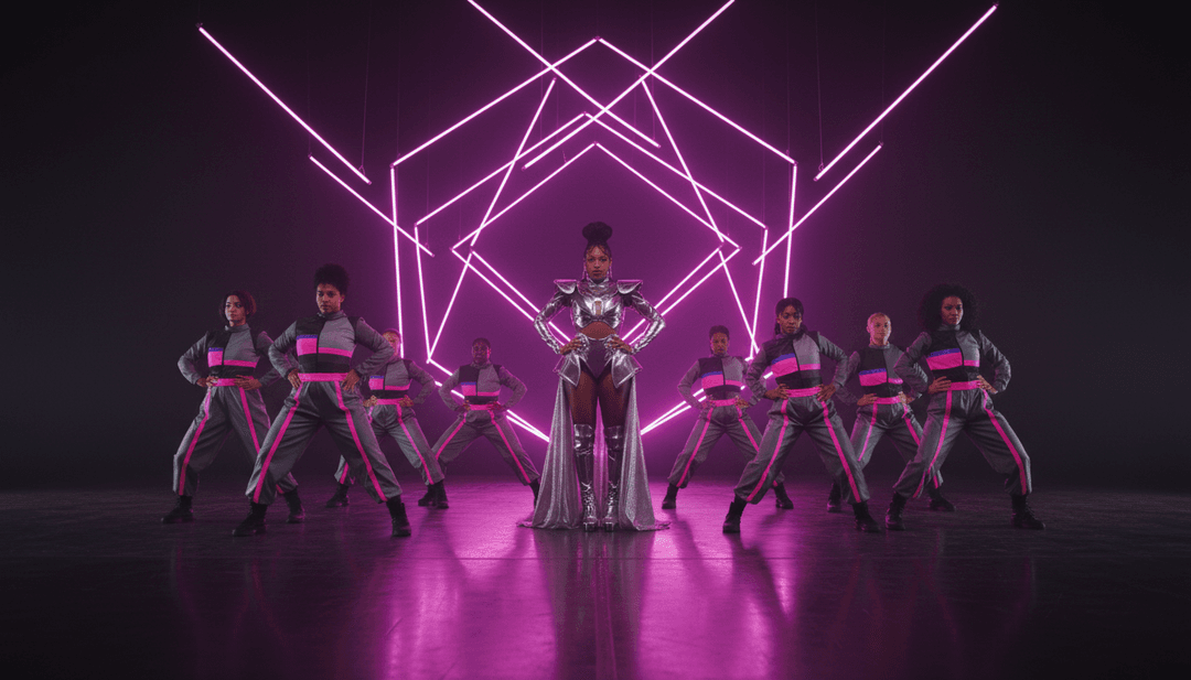 네온 도시 풍경, 댄서를 따라가는 추상적인 빛줄기, 음파가 시각적 요소로 진화하는 디지털 표현 등 역동적인 AI 생성 장면의 몽타주로, MP3가 MP4로 변환됨을 상징합니다.