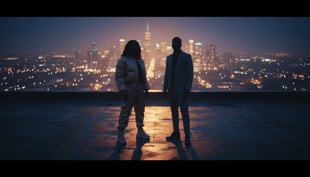 'Watching Us (with Leon Thomas)'를 위한 AI 생성 시각 개념으로, R&B 및 힙합 장르를 반영하는 도시 풍경과 내성적인 시선을 묘사합니다.