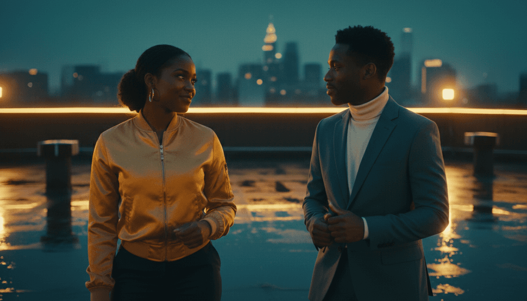 'Watching Us'를 위한 역동적인 AI 생성 뮤직 비디오 장면으로, Leon Thomas의 보컬 멜로디와 Wale의 트랩 비트에 동기화된 비주얼을 보여줍니다.