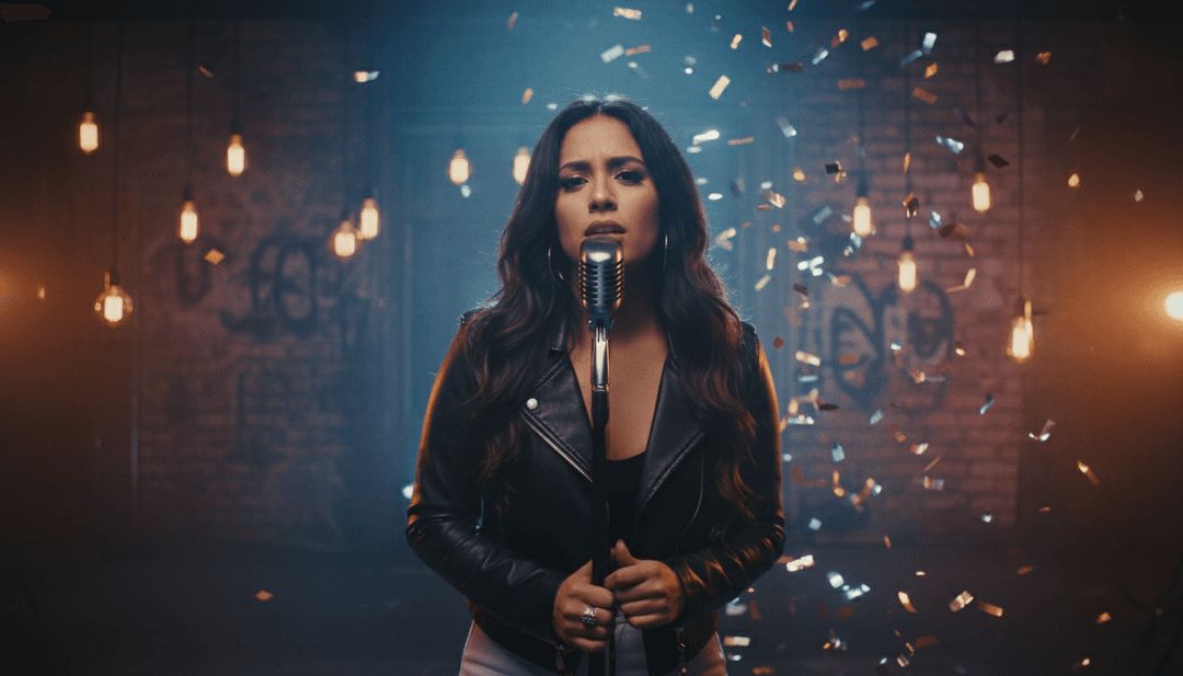 गतिशील दृश्य अनुक्रम AI को ऑडियो तरंगों को दृश्य प्रभावों में परिवर्तित करते हुए प्रदर्शित करता है, जिसमें Drake और Central Cee से प्रेरित तत्व जैसे सोने की चेन और नियॉन रोशनी शामिल हैं।