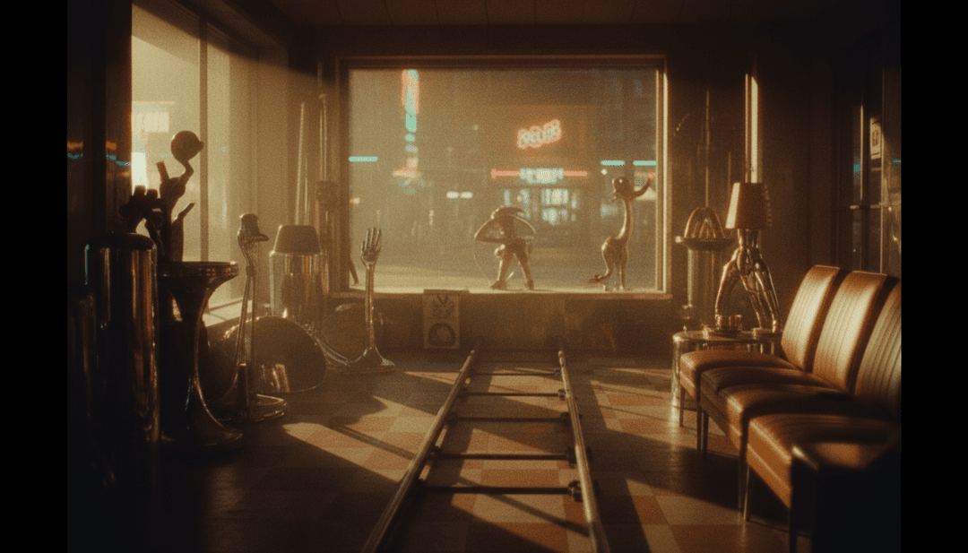 Khalid的'nah'的動態視覺呈現，合成器線條轉化為大氣的城市景觀，人聲迴響產生閃爍的光效，展示AI翻譯能力。