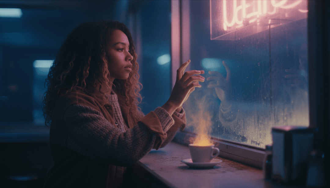 Immagini astratte che rappresentano il conflitto emotivo e il suono soul di "RIGHT/WRONG" di UMI, generate da una piattaforma di video musicali AI.