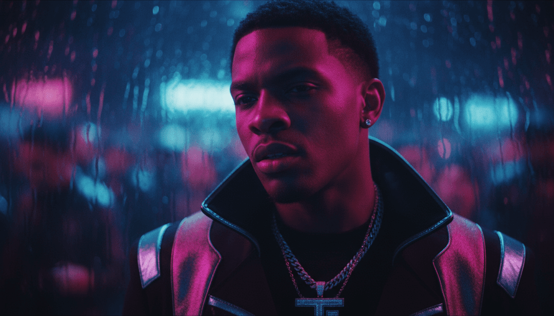 Byron Messia के स्वरों और डांसहॉल बीट्स के साथ तालमेल बिठाते गतिशील दृश्य, ऑडियो से वीडियो में रूपांतरण प्रक्रिया दिखाते हुए।