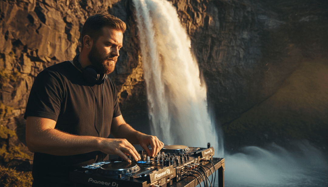 描繪流動水與電子聲波結合的抽象數位藝術，象徵 AI 詮釋音樂。