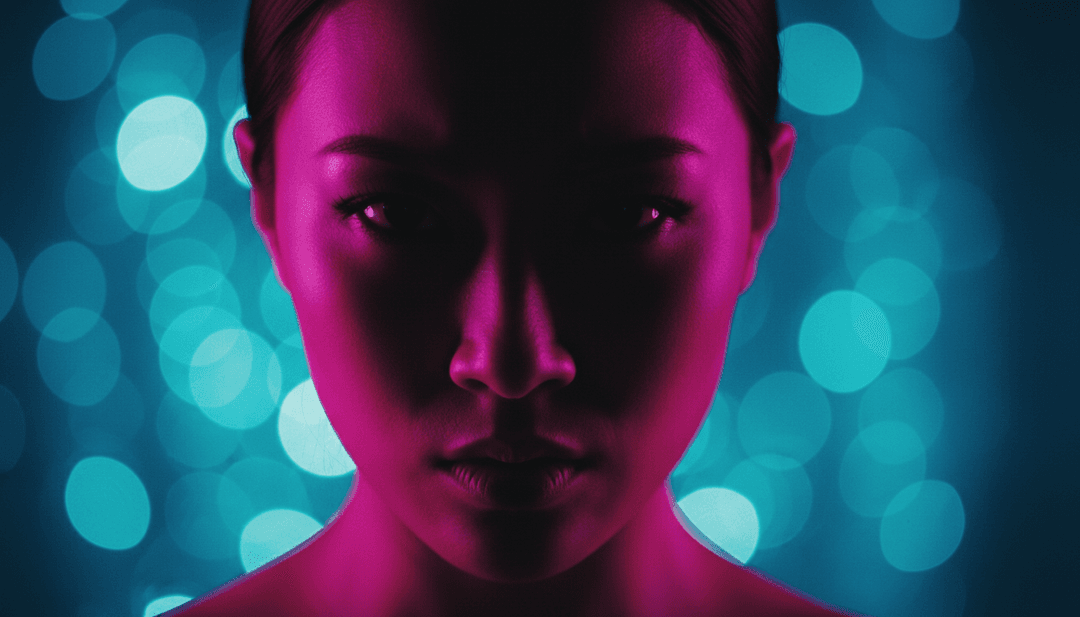 發光聲波的動態視覺效果與動畫歌詞和節奏圖案交織。