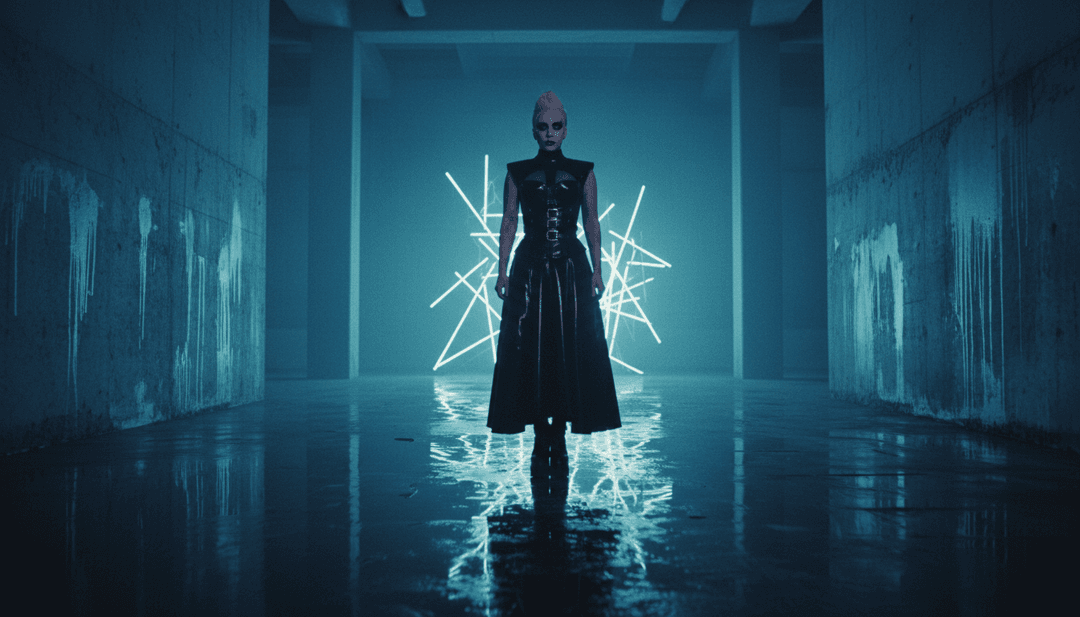 Arte concettuale astratta per il video musicale 'Disease' di Lady Gaga, con motivi scuri e digitali ed elementi elettro-industriali interpretati dall'AI.