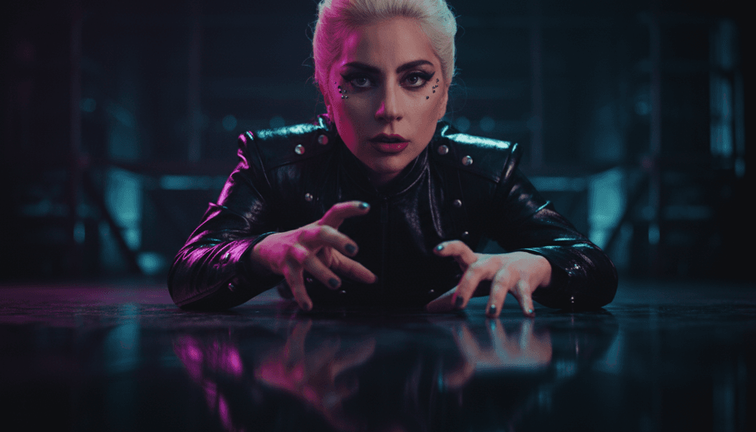 Scena dinamica del video musicale per 'Disease' che mostra visuali generate dall'AI, inclusa luce pulsante, macchinari industriali e una figura che ricorda Lady Gaga.