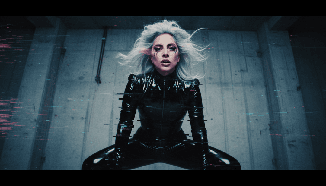 Un'immagine di alta qualità e finita del video musicale 'Disease' di Lady Gaga, che mostra visuali uniche generate dall'AI, sincronizzazione perfetta ed estetica d'avanguardia.