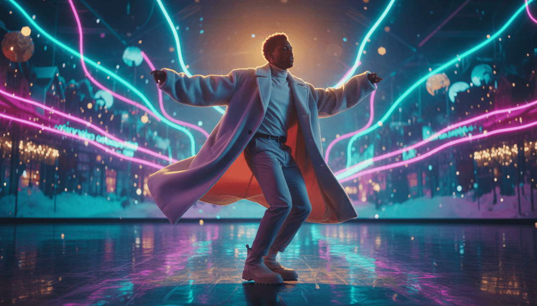 Un clip vidéo complet généré par IA pour 'Last Christmas' diffusé sur un écran haute résolution, entouré d'éléments visuels créatifs et du logo Freebeat.ai.