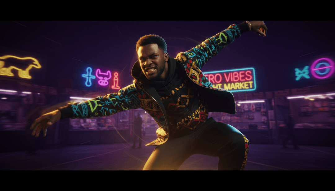 动态可视化器,显示音频波形转换为动画场景,抽象人物随着非洲流行乐节拍和 R&B 和声起舞。