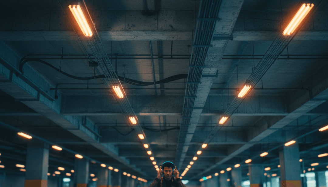 Just Jack의 'Above The Station'에 대한 AI의 해석으로, 네온사인과 리드미컬한 음파가 있는 추상적인 도시 경관을 보여줍니다.