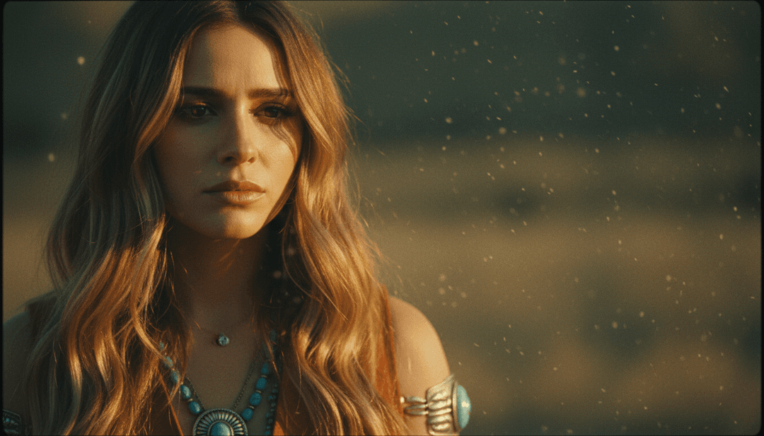 Algoritmo de IA analizando letras de música country y sonidos de guitarra acústica para conceptos visuales inspirados en un paisaje desértico al atardecer.