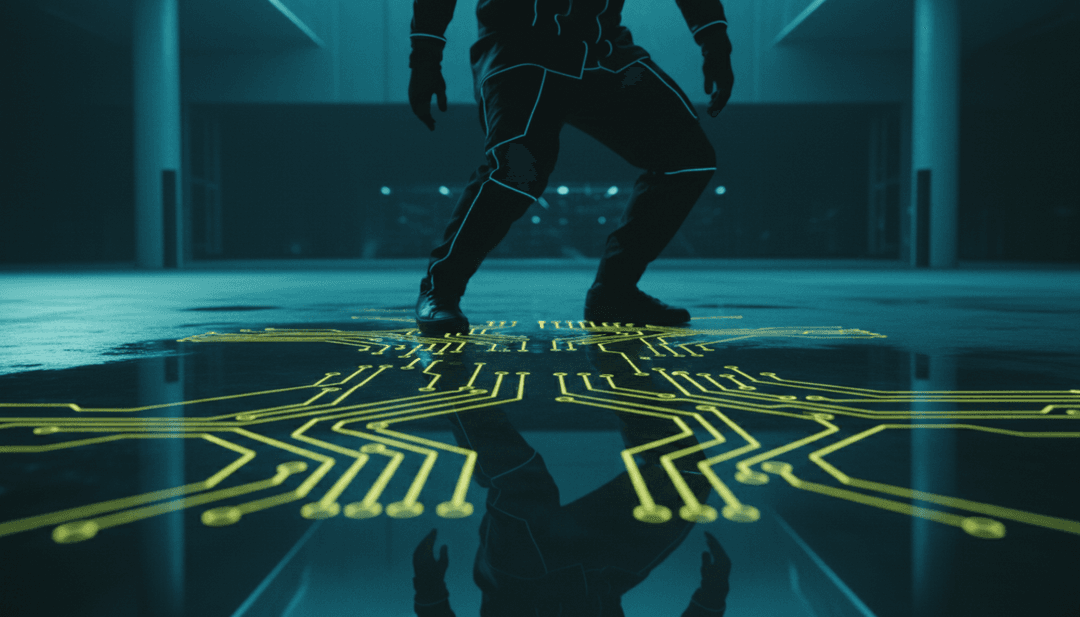 Analyse IA de musique electro house, générant des concepts visuels pour 'Can't Stop Loving You' de KI/KI, motifs lumineux abstraits.