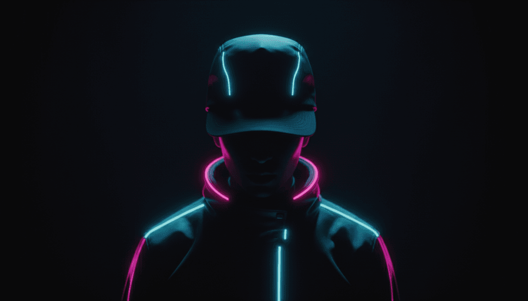 Scène de clip musical dynamique générée par IA avec des traînées lumineuses vibrantes et des paysages urbains futuristes, synchronisée avec la ligne de basse de 'Can't Stop Loving You' de KI/KI.