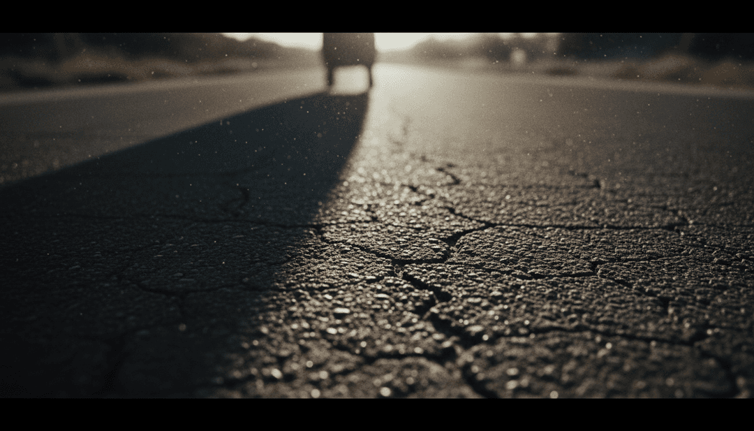 IA analisando nuances emocionais de uma canção folk country com visuais de uma estrada solitária e luz bruxuleante, representando 'Too Many, Too Few'.