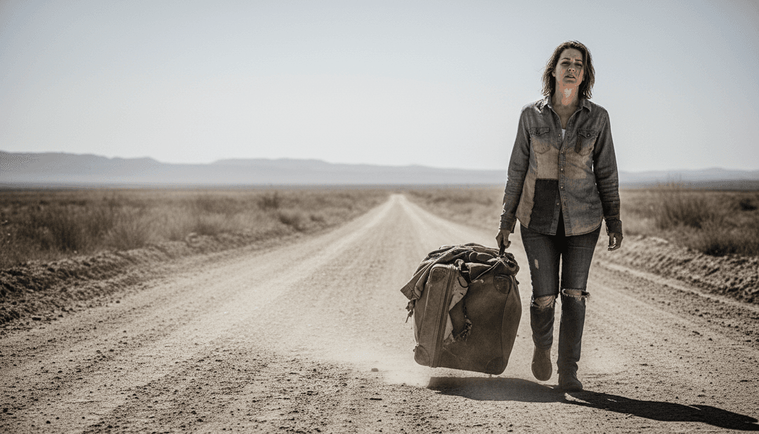 Representação visual de um riff de guitarra 'twangy' transformando-se em uma cena de uma velha caminhonete dirigindo por uma estrada empoeirada, com efeitos digitais vibrantes, inspirada em 'Too Many, Too Few'.