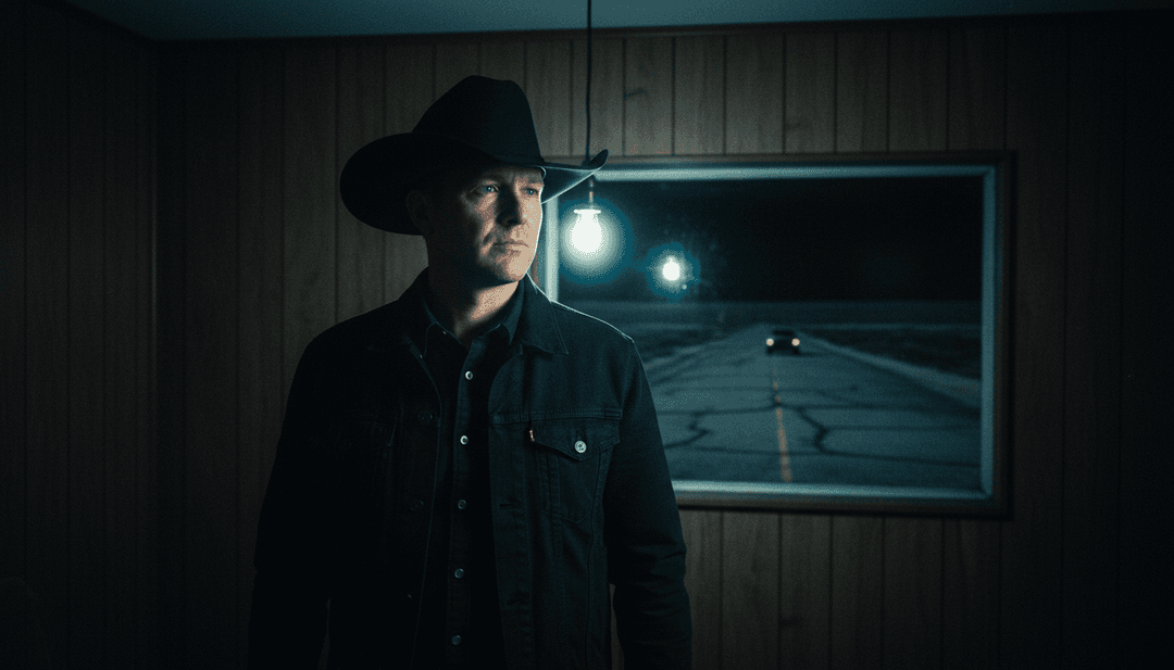 Um usuário sorrindo, assistindo seu videoclipe de IA recém-gerado para uma música country em um tablet, cercado por ferramentas criativas.