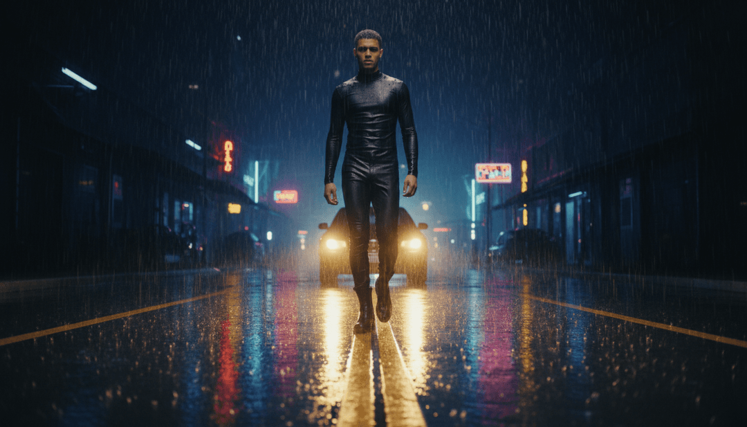 도시 풍경, 빠른 컷, 동기화된 움직임을 특징으로 하는 'Body (Remix)'를 위한 다이내믹한 AI 생성 뮤직비디오 장면으로, UK 드릴 장르의 에너지를 반영합니다.