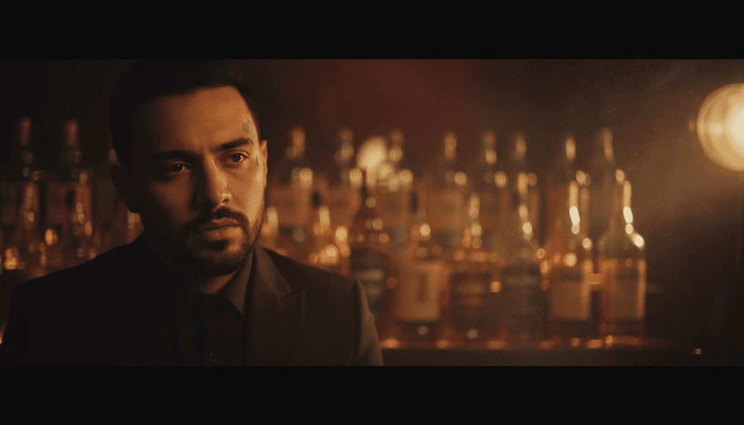 Visualisation abstraite d'une IA interprétant des rythmes de pop latine et de reggaeton, avec des lignes fluides représentant le son se mêlant à l'intensité émotionnelle pour "Botella Tras Botella."