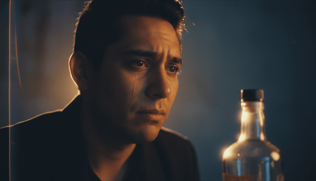 Scènes dynamiques d'un bar avec lumières vacillantes, reflets dans des verres de liquide ambré et silhouettes, mêlant esthétique urbaine et tons chaleureux et nostalgiques, illustrant des visuels pour "Botella Tras Botella."