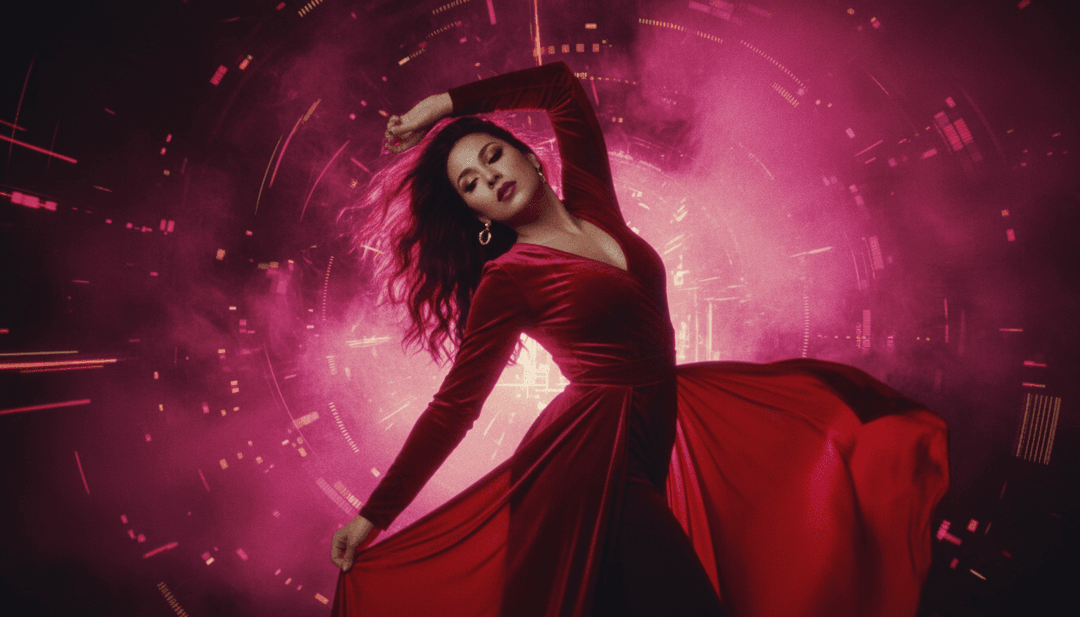 'Ojos Tristes' के संगीत तत्वों का स्वप्निल दृश्यों में रूपांतरण का दृश्य प्रतिनिधित्व: एक धुंधला मुखर प्रभाव धुंधला जंगल बन जाता है, एक नरम ड्रम बीट लहरदार पानी बनाता है।