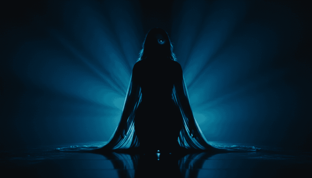 Concept art du clip musical IA de Tate McRae "Revolving door" avec imagerie abstraite et motifs lumineux changeants reflétant l'introspection et l'émotion.