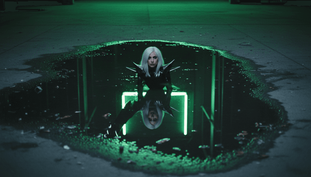 AI che interpreta "Garden Of Eden" di Lady Gaga con flora e fauna digitali vibranti, sentieri al neon luminosi.