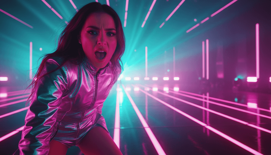 Motivi luminosi vivaci e in rapida evoluzione e paesaggi urbani futuristici sincronizzati con un potente battito di musica elettronica, che mostra una copertina musicale.