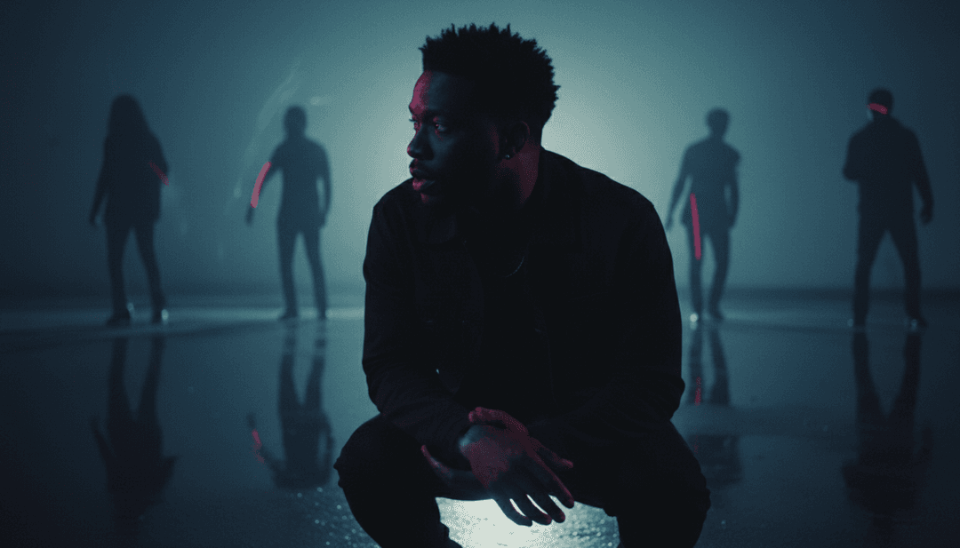 Abstract visual representation of sound waves for 'Take Me Thru Dere' by Metro Boomin, showing energetic peaks and deep bass lines being analyzed by an AI.