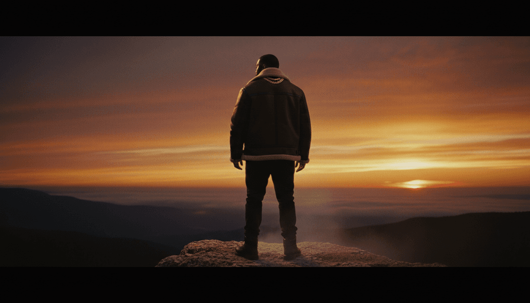 Visuais dinâmicos representando cenas de rua, paisagens urbanas escuras e silhuetas de personagens poderosos, sincronizadas com uma batida boom-bap.