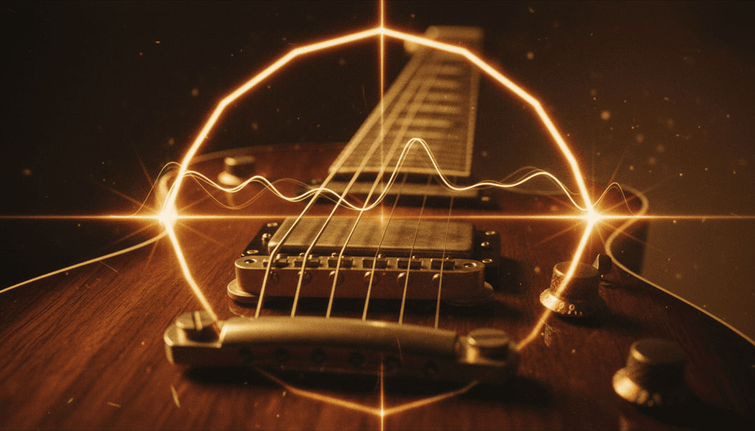 Abstrakter Visualizer mit einer digitalen Uhr, die von 12 bis 12 herunterzählt, leuchtenden Neonlinien, die elektronische Musikbeats darstellen, und einer futuristischen Stadtlandschaft bei Sonnenaufgang.