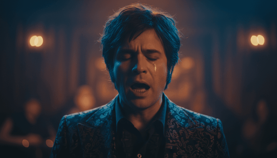 Ein fertiggestelltes, hochwertiges Musikvideo für '12 to 12' von sombr, das auf einem futuristischen Bildschirm abgespielt wird, mit dezent integriertem freebeat.ai-Logo, das lebendige Visuals und synchronisierte Untertitel zeigt.